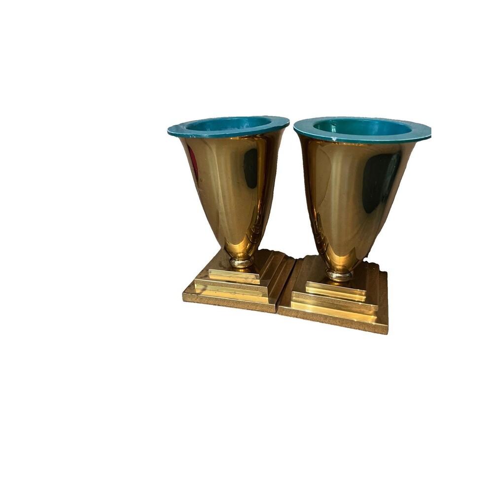 2 Vtg Sudbury Brass Goods Co Altar Vase MCM Hollywood Regency Deco Lined
